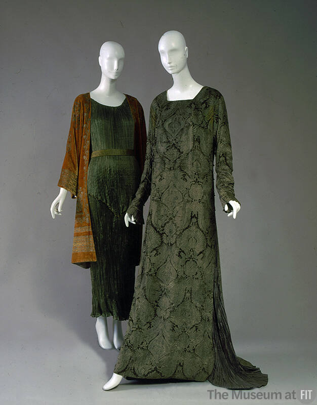 Left: green pleated dress with orange velvet coat with gold embroidery Right: Floor length long…