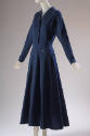 Blue long sleeve V-neck dress with below-the-knee flared skirt 
