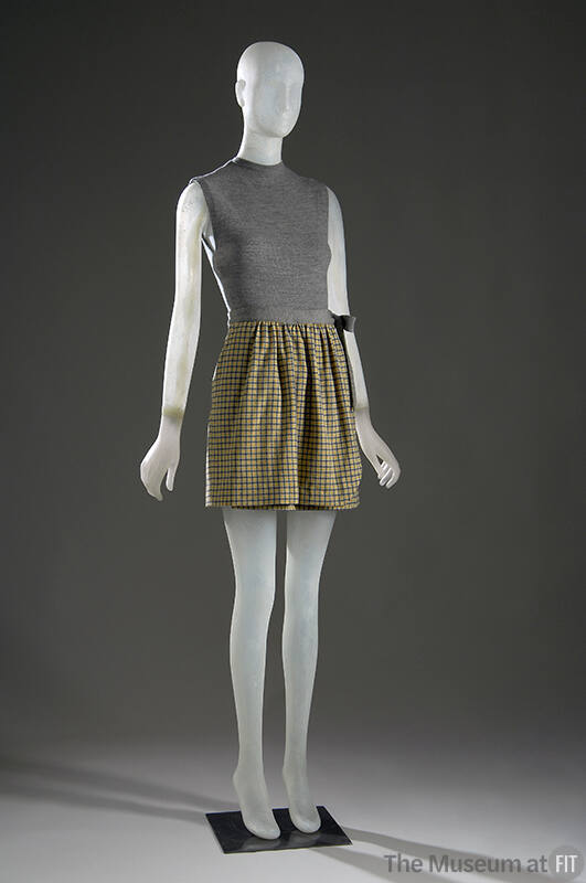 Beach set: heathered grey bathing suit and short grey, yellow, and white check wrap skirt