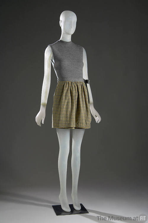 Beach set: heathered grey bathing suit and short grey, yellow, and white check wrap skirt