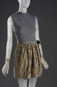 Beach set: heathered grey bathing suit and short grey, yellow, and white check wrap skirt