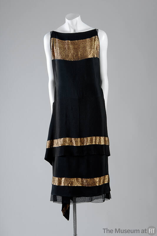 Black evening dress horizontal gold lamé bands with linear floral and Chinese motifs