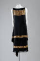 Black evening dress horizontal gold lamé bands with linear floral and Chinese motifs