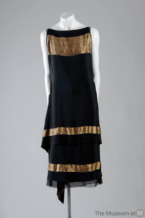 Black evening dress horizontal gold lamé bands with linear floral and Chinese motifs