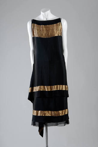 Black evening dress horizontal gold lamé bands with linear floral and Chinese motifs