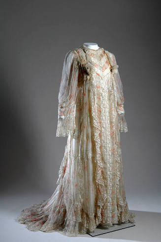 Off-white long sleeve, lace trimmed tea gown with red and green carnation print