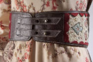 Wide curved band belt with paisley and geometric motifs, in seed beads and hand embroidered sil…