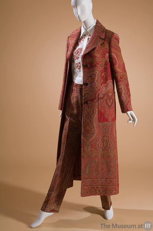 Long, red paisley coat with large square patch pockets
