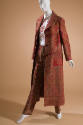 Long, red paisley coat with large square patch pockets