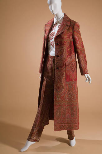 Long, red paisley coat with large square patch pockets