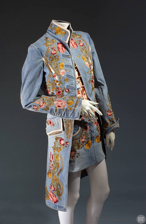 18th century/1960s inspired ensemble: mini skirt embroidered with large floral border design; c…