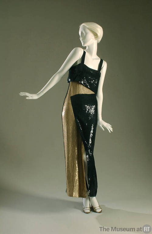 Long, black and beige sequined evening sheath with asymmetrical design