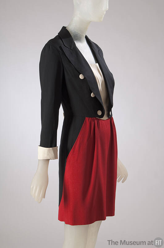 Black, white and red tailcoat dress pieced to simulate a black double breasted tuxedo jacket wi…