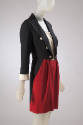 Black, white and red tailcoat dress pieced to simulate a black double breasted tuxedo jacket wi…