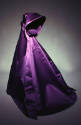 Purple evening dress: stylized halter neckline, long bell skirt with train 
