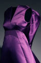 Purple evening dress: stylized halter neckline with stand-away back, contrast brown lining