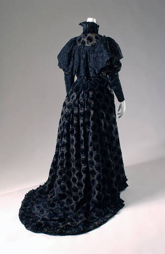 Back view of long-sleeved black evening dress with apple motifs, scalloped collar, and long fla…