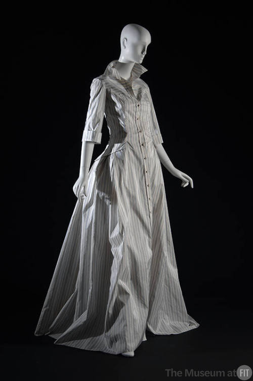 Long white with blue stripes evening button down shirt dress: fitted bodice, elbow length sleev…