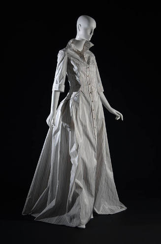 Long white with blue stripes evening button down shirt dress: fitted bodice, elbow length sleev…
