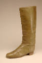 Pair of high riding boots in olive green lambskin; low stacked heel