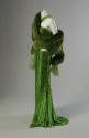 Acid green, floor length halter sequin dress with matching fur band shawl