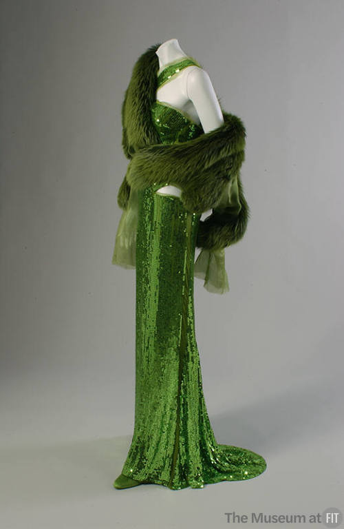 Acid green, floor length halter sequin dress with matching fur band shawl