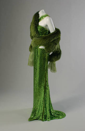 Acid green, floor length halter sequin dress with matching fur band shawl