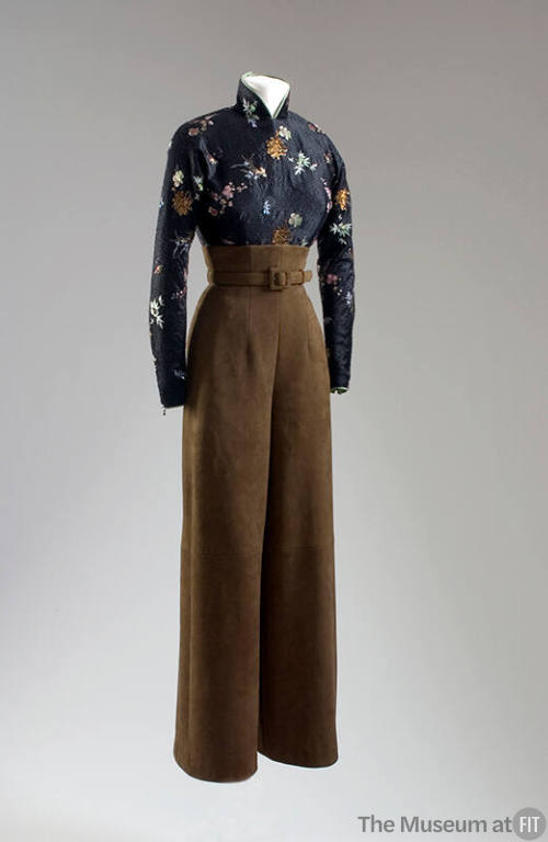 Chinoiserie blouse with scattered black seed beads in floral pattern and tan straightleg pants …