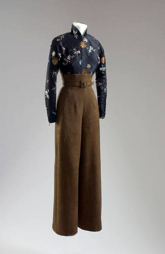 Chinoiserie blouse with scattered black seed beads in floral pattern and tan straightleg pants …