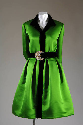 Lime green cocktail coat tress with black velet collar and belt with rhinestone cufflinks