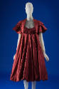 Dark red cocktail dress and shrug: shirred bodice, bubble skirt, fitted bolero tired with pteal…