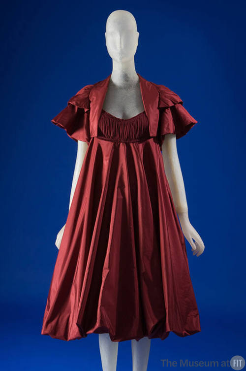 Dark red cocktail dress and shrug: shirred bodice, bubble skirt, fitted bolero tired with pteal…