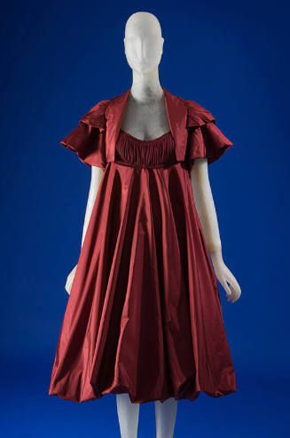 Dark red cocktail dress and shrug: shirred bodice, bubble skirt, fitted bolero tired with pteal…