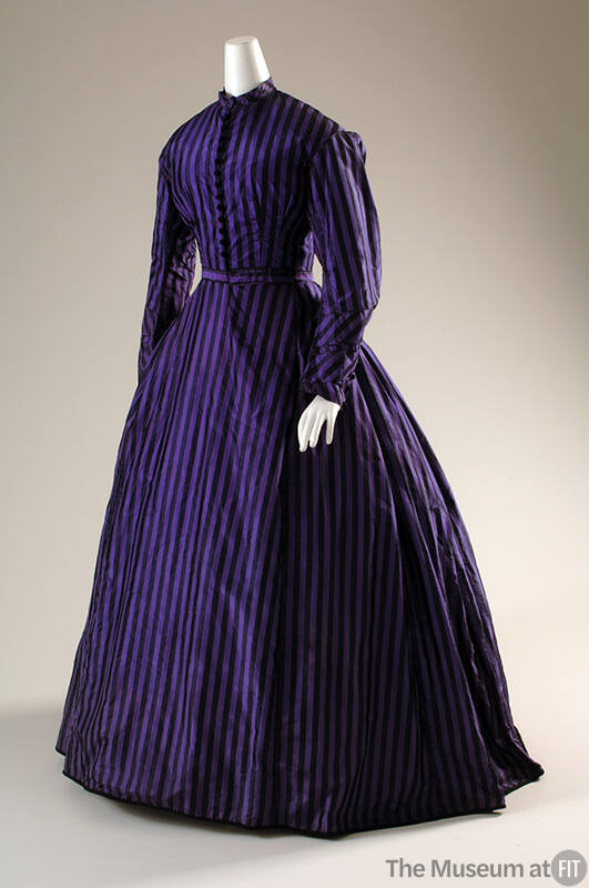 Purple and black striped collarless taffeta long sleeve dress with floor length full skirt 