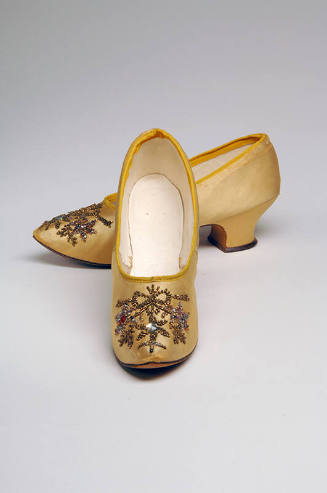 Yellow gold satin pumps with bronze seed beads and rhinestone floral motif 