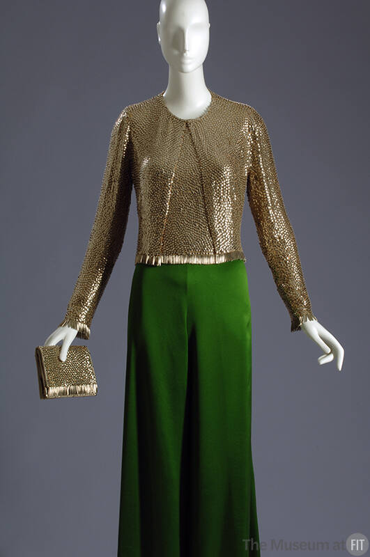 Gold sequinned long sleeve jacket and top, green silk pants 