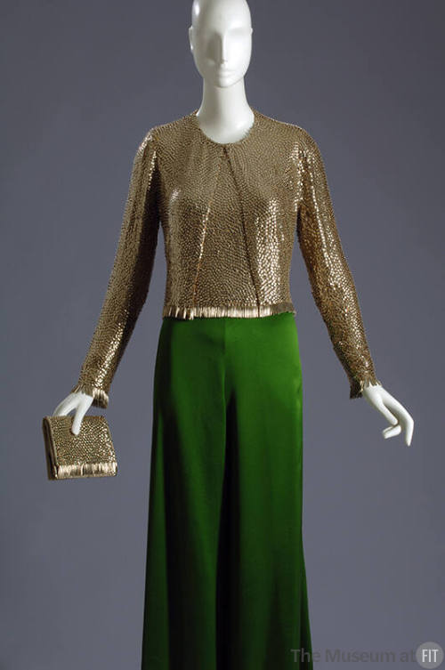Gold sequinned long sleeve jacket and top, green silk pants 