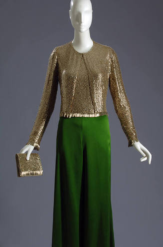 Gold sequinned long sleeve jacket and top, green silk pants 