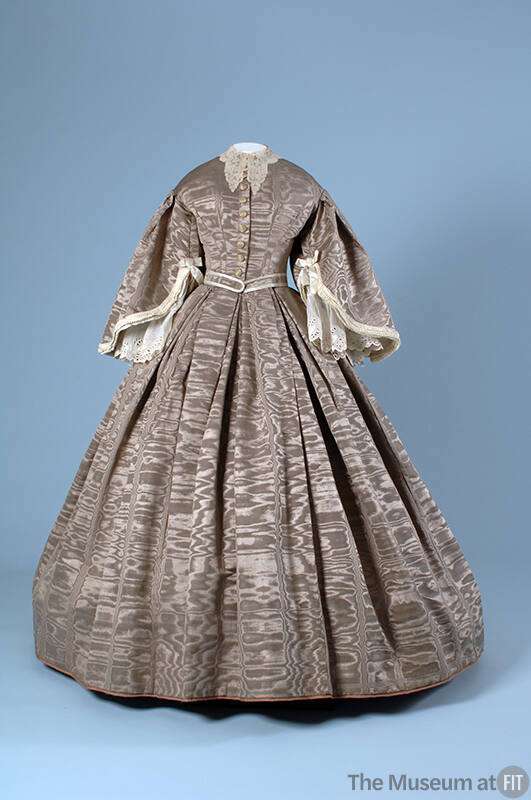 Taupe silk moire floor length button front dress with ribbon and lace trimmed wide sleeves and …