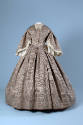 Taupe silk moire floor length button front dress with ribbon and lace trimmed wide sleeves and …