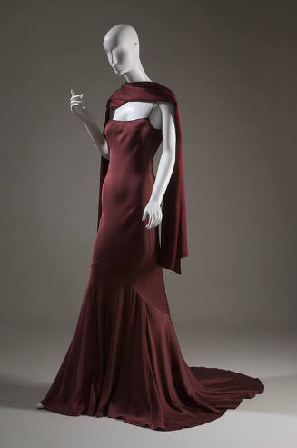 Dark red floor length silk slip dress with long trained skirt amd matching stole 