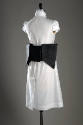 Back view of white cap sleeve to-the-knee dress with wide black leather layered belt