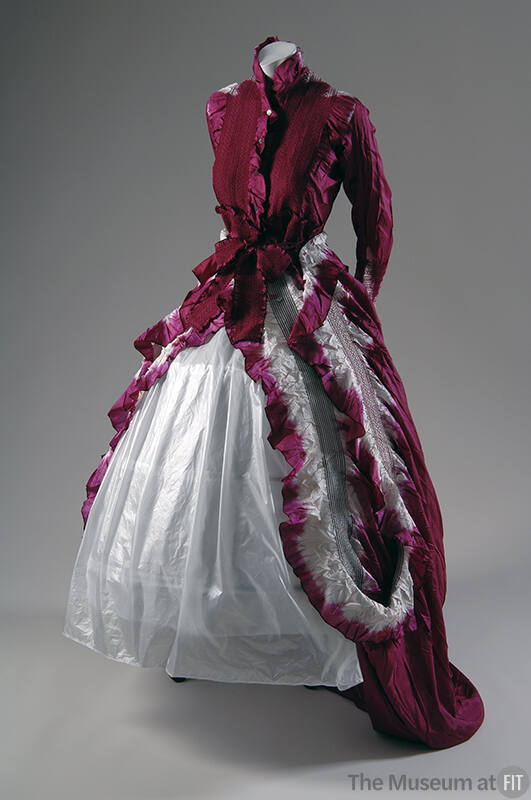 White and fuchsia tye-dye long sleeve button front dress with full ruffled skirt over cage crin…