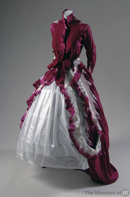 White and fuchsia tye-dye long sleeve button front dress with full ruffled skirt over cage crin…