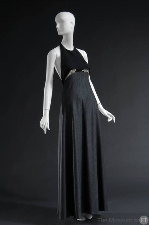 Dress with black halter top with rhinestones and grey floor length skirt 