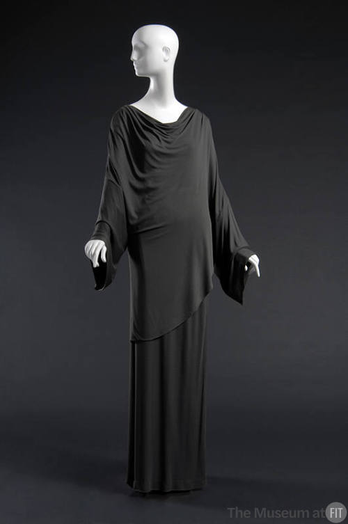Grey tunic top with long sleeves, asymmetric hem and matching floor length skirt 