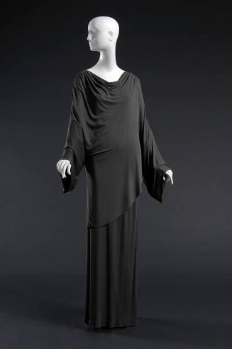 Grey tunic top with long sleeves, asymmetric hem and matching floor length skirt 