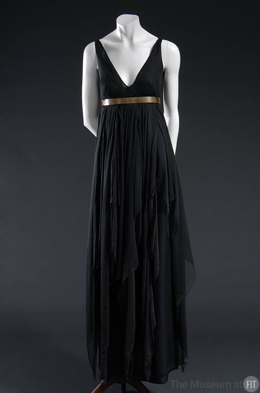 Black silk sleeveless dress with deep V neckline, Empire waist with brass metal belt and  handk…