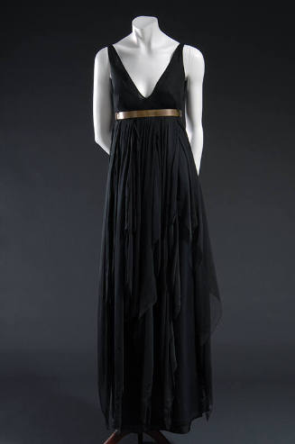 Black silk sleeveless dress with deep V neckline, Empire waist with brass metal belt and  handk…
