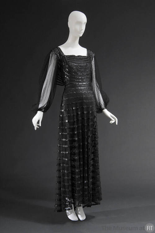 Black tulle floor length dress with horizontal rows of black sequin stripes, square neckline, l…